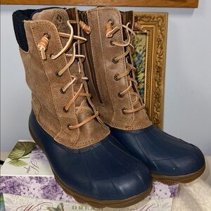 SPERRY 7.5 Top Sider Syren Misty Tan Navy Lace Leather Saltwater Duck Boots